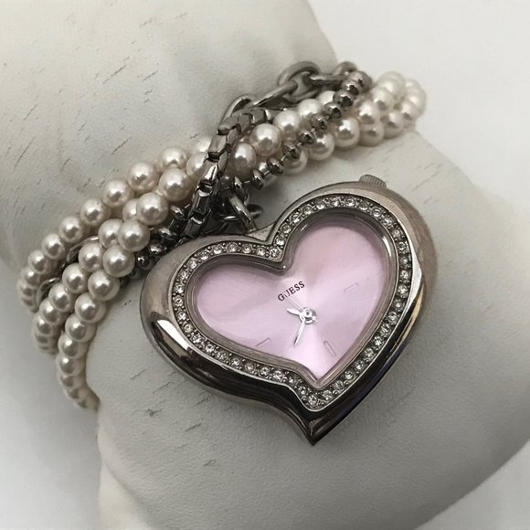 Guess Accessories - Guess Ladies Watch Heart Shape Pink Face Beads Cha